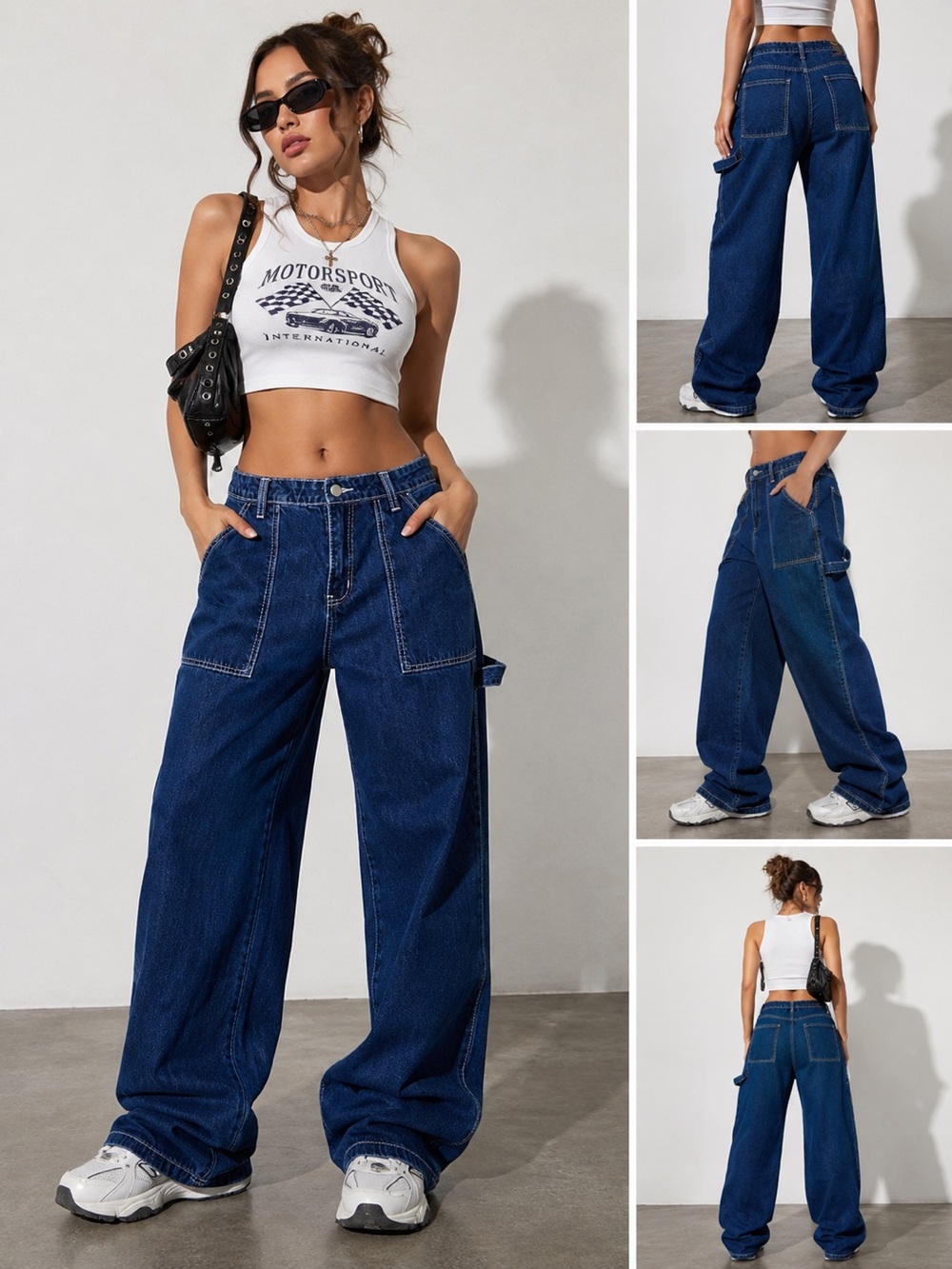 American Bazi Wide Leg Carpenter Jeans Dark Wash Utility Loop Y2K Large